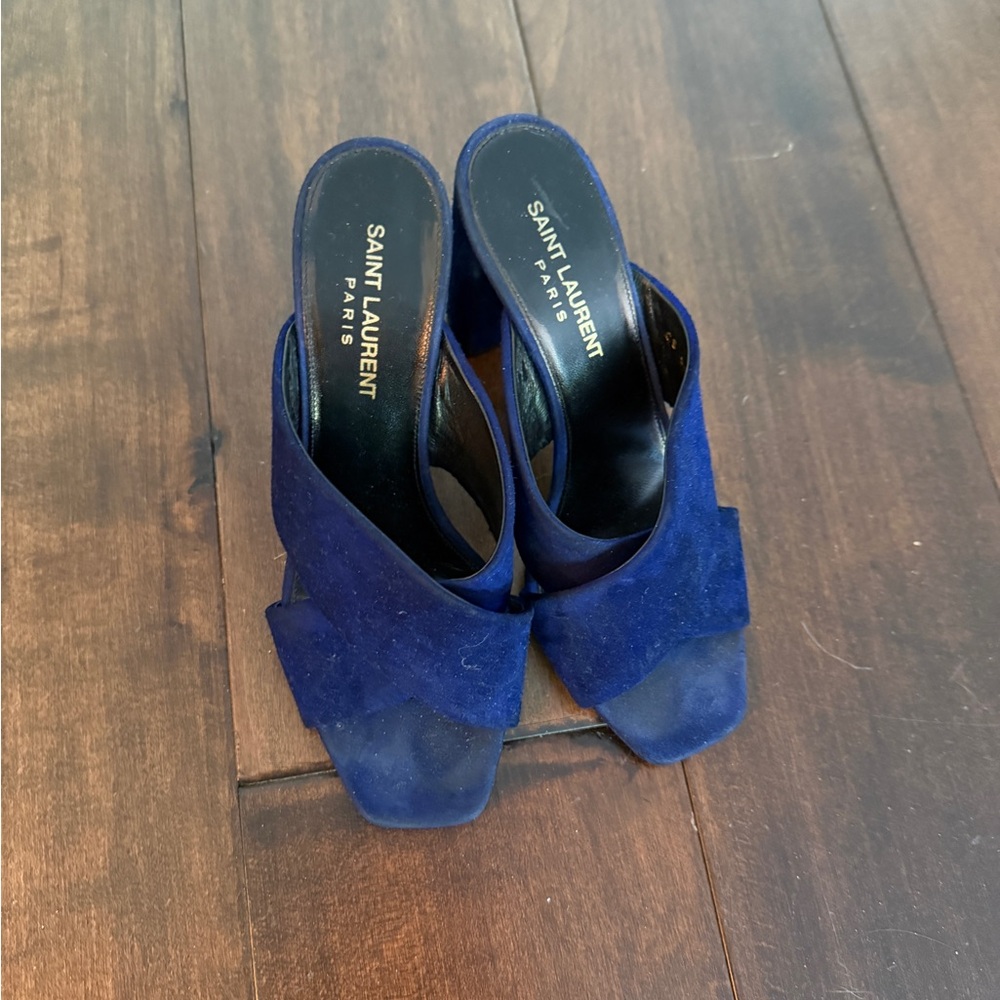 Saint Laurent Blue Mules with Suede Upper and High Heel